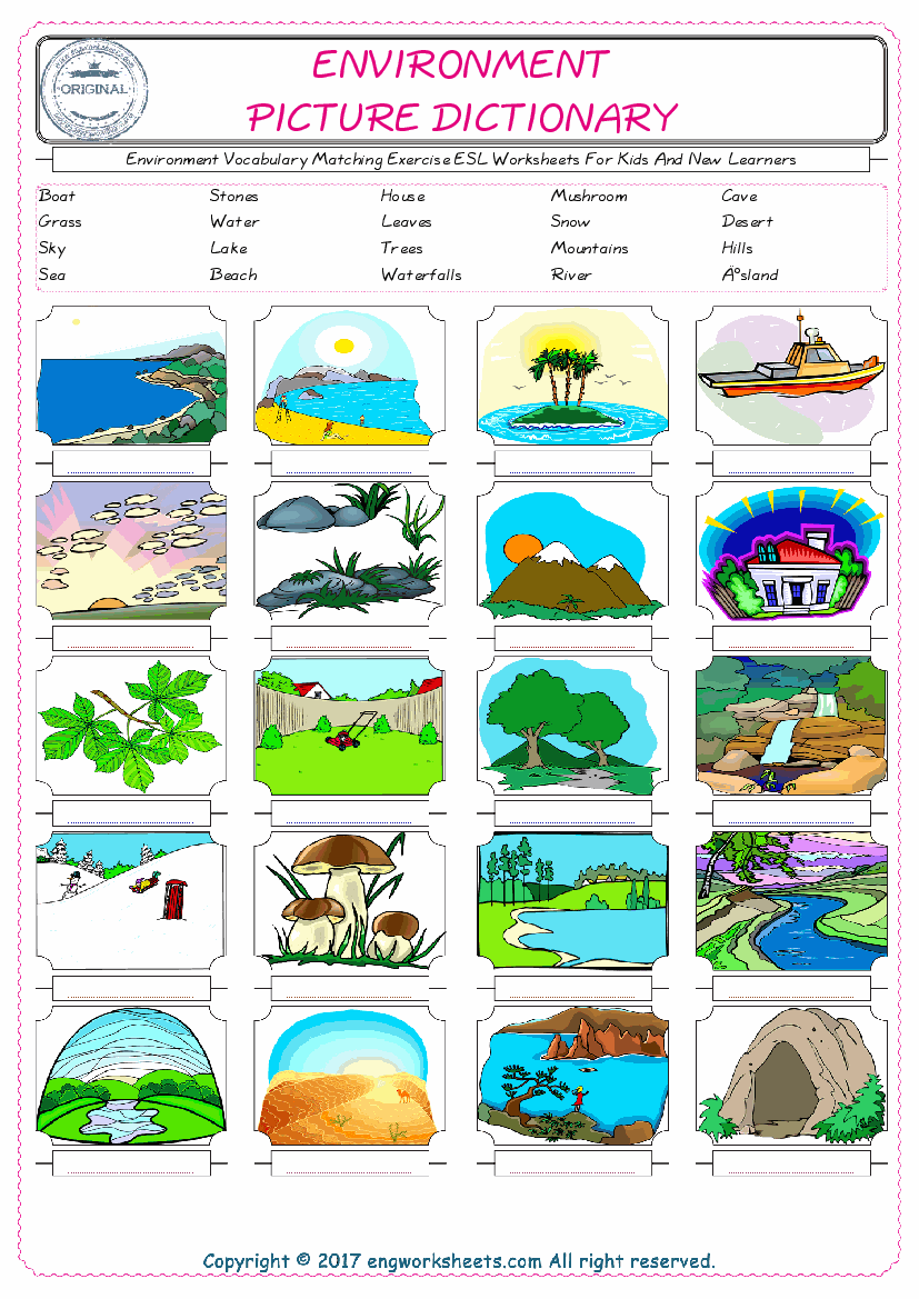  Environment for Kids ESL Word Matching English Exercise Worksheet. 
